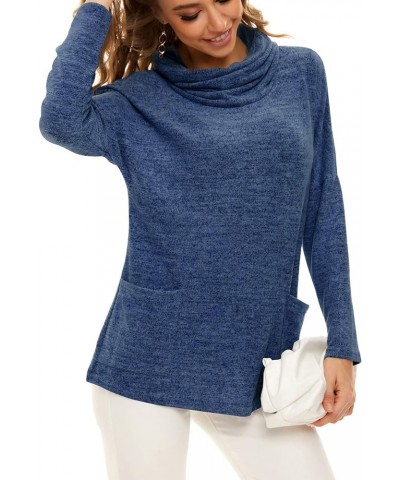 Womens Long Sleeve Cowl Neck Casual Sweatshirts Tunic Tops Blouse with Pockets 10 Dark Blue $11.75 Tops