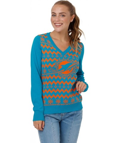 Women's NFL Team Logo Ugly Holiday V-Neck Sweater Miami Dolphins Team Color $6.94 Sweaters