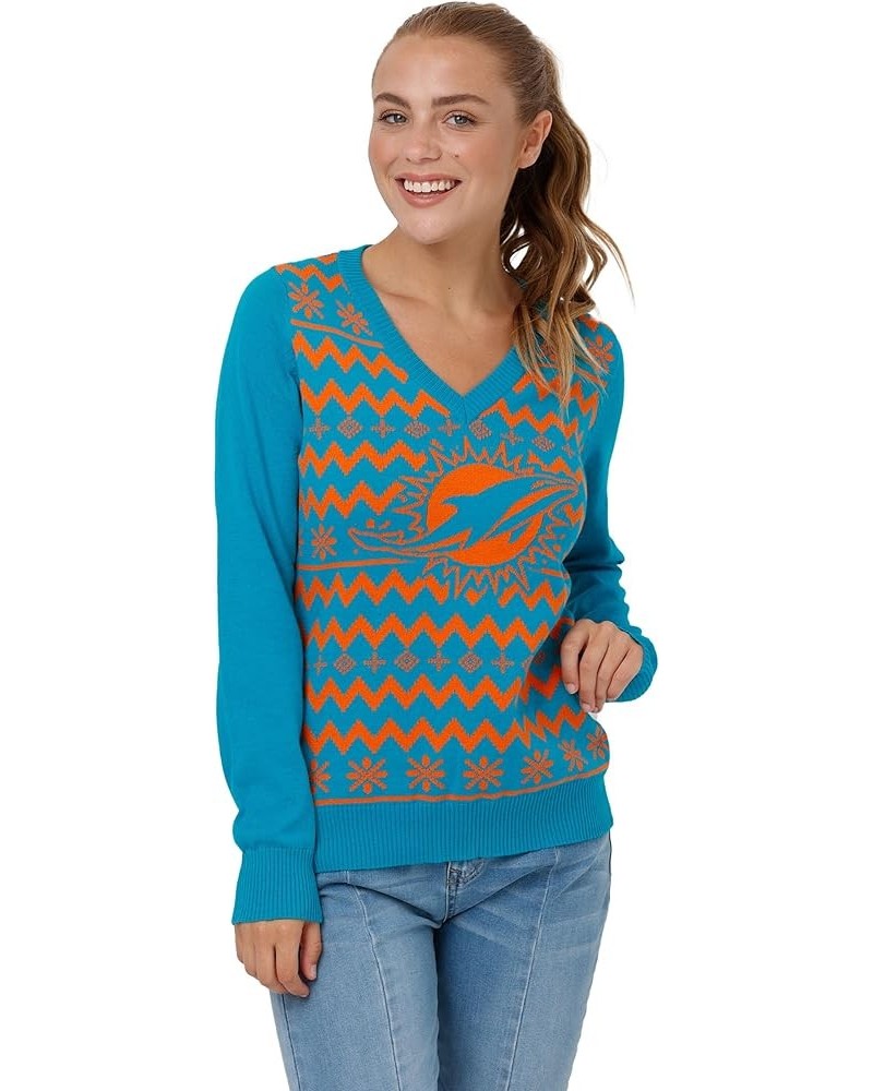 Women's NFL Team Logo Ugly Holiday V-Neck Sweater Miami Dolphins Team Color $6.94 Sweaters