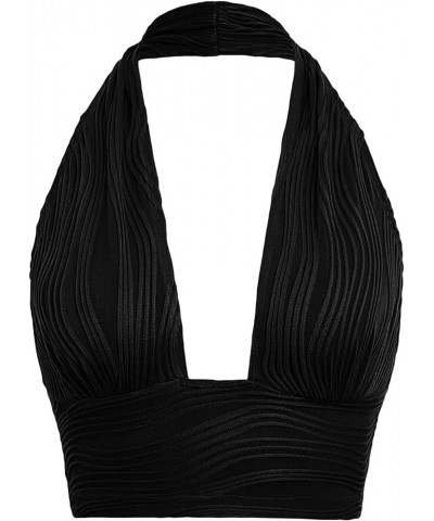 Women's Open Back Halter Neck Sleeveless Texture Crop Tank Top Black $11.28 Tanks