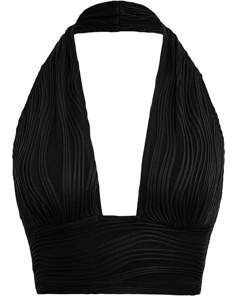 Women's Open Back Halter Neck Sleeveless Texture Crop Tank Top Black $11.28 Tanks