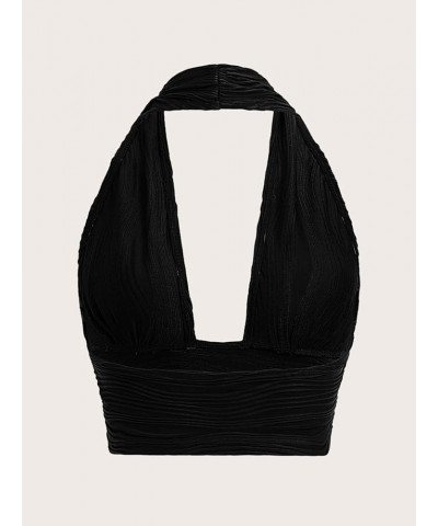 Women's Open Back Halter Neck Sleeveless Texture Crop Tank Top Black $11.28 Tanks