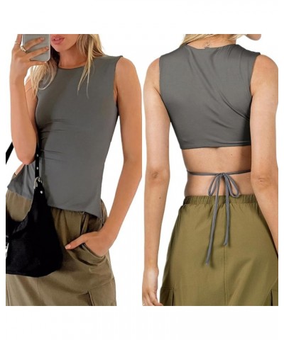 Women's Sleeveless Tops Crew Neck Backless Tank Top Tie Back Crop Shirt Grey $9.73 Tanks