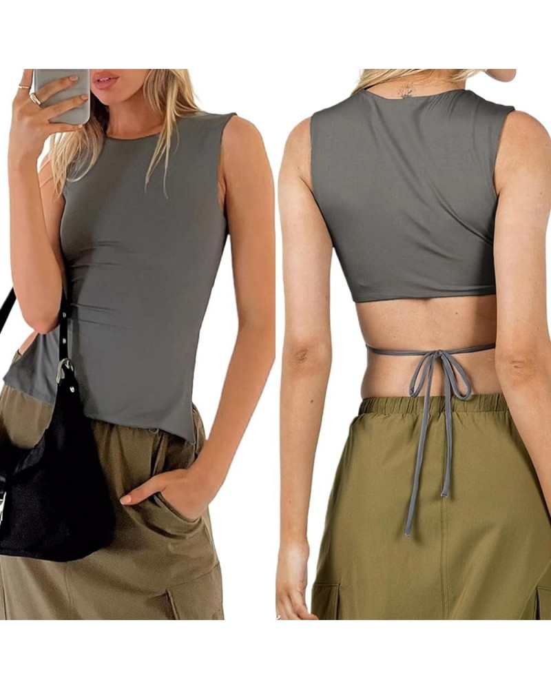 Women's Sleeveless Tops Crew Neck Backless Tank Top Tie Back Crop Shirt Grey $9.73 Tanks