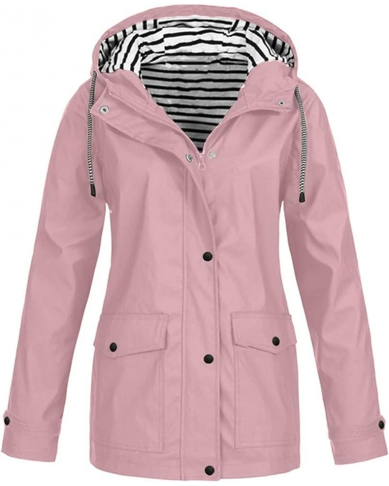 Rain Jacket Women Outdoor Jackets Waterproof Windproof Hooded Raincoat Lightweight Packable Outwear Overcoat Pink $10.03 Coats