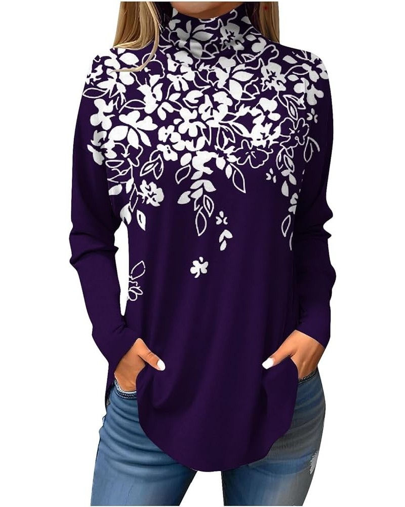 Womens Fall Clothes Long Sleeve Turtleneck Tops Solid Comfy Shirt Casual Fashion Pullovers Tunic Vintage Sweatshirts 4-purple...