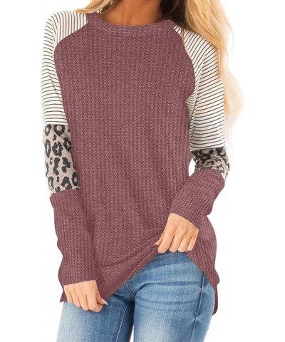 Women's Long Sleeve Tops Waffle Knit Tunics Leopard Stripe Color Block Casual Shirts Round Neck Sweatshirt 02 Rust Red $12.90...