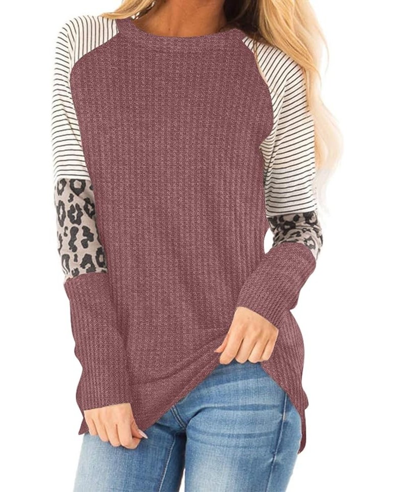 Women's Long Sleeve Tops Waffle Knit Tunics Leopard Stripe Color Block Casual Shirts Round Neck Sweatshirt 02 Rust Red $12.90...