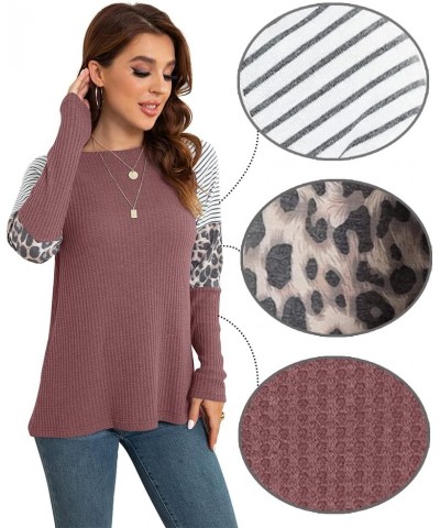 Women's Long Sleeve Tops Waffle Knit Tunics Leopard Stripe Color Block Casual Shirts Round Neck Sweatshirt 02 Rust Red $12.90...