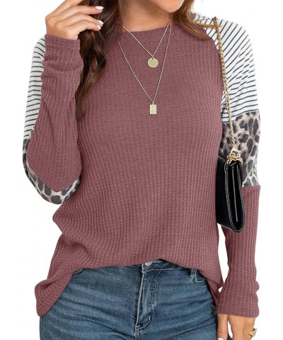 Women's Long Sleeve Tops Waffle Knit Tunics Leopard Stripe Color Block Casual Shirts Round Neck Sweatshirt 02 Rust Red $12.90...