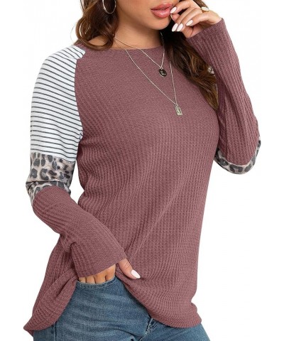 Women's Long Sleeve Tops Waffle Knit Tunics Leopard Stripe Color Block Casual Shirts Round Neck Sweatshirt 02 Rust Red $12.90...