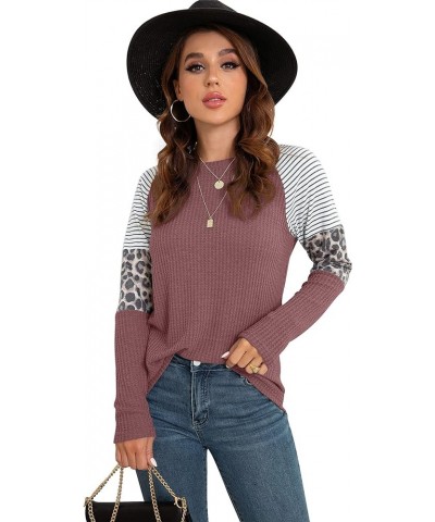 Women's Long Sleeve Tops Waffle Knit Tunics Leopard Stripe Color Block Casual Shirts Round Neck Sweatshirt 02 Rust Red $12.90...