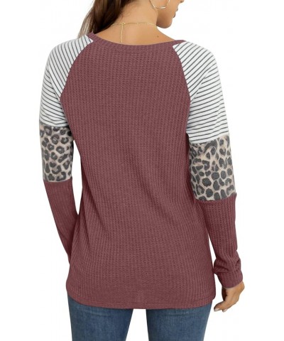 Women's Long Sleeve Tops Waffle Knit Tunics Leopard Stripe Color Block Casual Shirts Round Neck Sweatshirt 02 Rust Red $12.90...