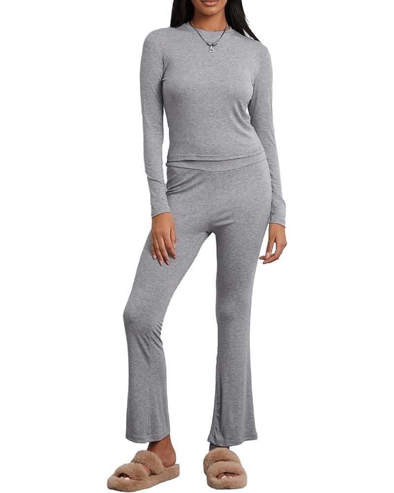 Women 2 Piece Set Sweatsuit Long Sleeve Skinny Crop Top Low Waist Flare Leg Pants Casual Workout Outfit Tracksuit G-gray One ...