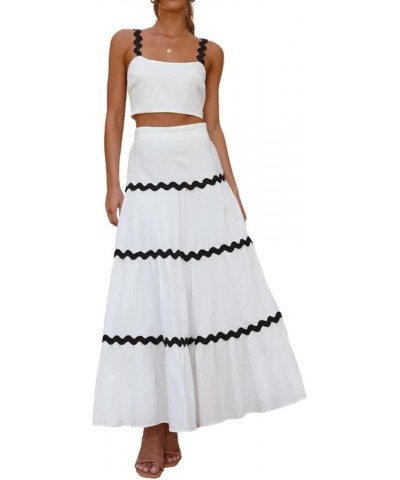 Women Summer Two Piece Set Sleeveless Square Neck Crop Tank Top High Waisted Tiered A-line Flowy Maxi Skirt Set White $16.40 ...