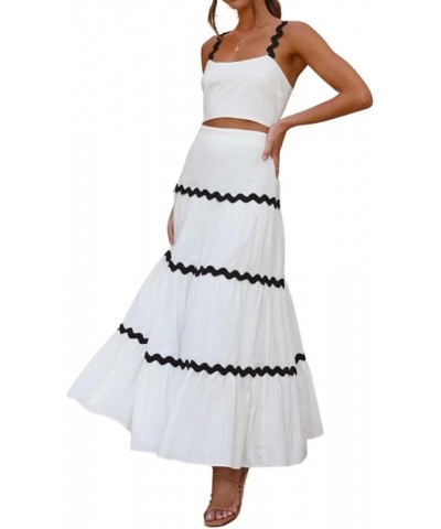 Women Summer Two Piece Set Sleeveless Square Neck Crop Tank Top High Waisted Tiered A-line Flowy Maxi Skirt Set White $16.40 ...