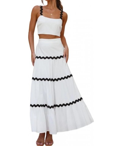 Women Summer Two Piece Set Sleeveless Square Neck Crop Tank Top High Waisted Tiered A-line Flowy Maxi Skirt Set White $16.40 ...