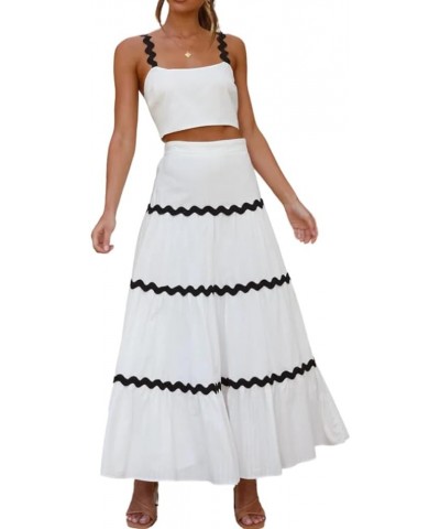 Women Summer Two Piece Set Sleeveless Square Neck Crop Tank Top High Waisted Tiered A-line Flowy Maxi Skirt Set White $16.40 ...