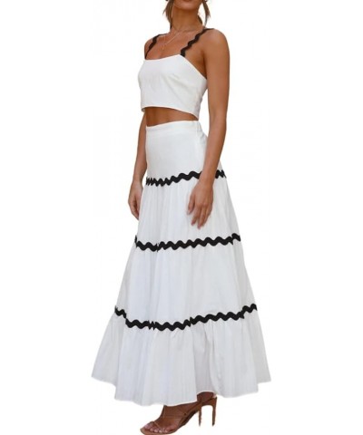 Women Summer Two Piece Set Sleeveless Square Neck Crop Tank Top High Waisted Tiered A-line Flowy Maxi Skirt Set White $16.40 ...