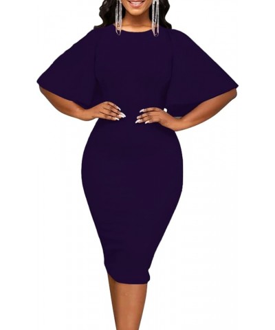 Womens Bodycon Ruffle Flared Short Sleeve Work Midi Dress Business Office Casual Pencil Dress 5617 Purple $13.20 Dresses