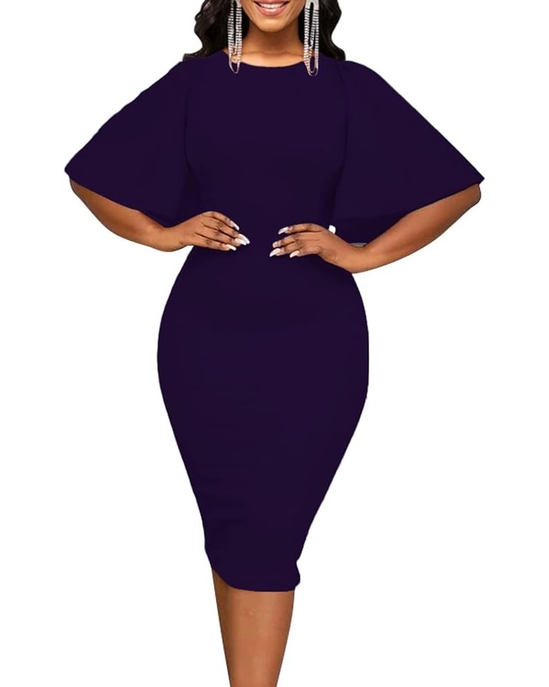 Womens Bodycon Ruffle Flared Short Sleeve Work Midi Dress Business Office Casual Pencil Dress 5617 Purple $13.20 Dresses