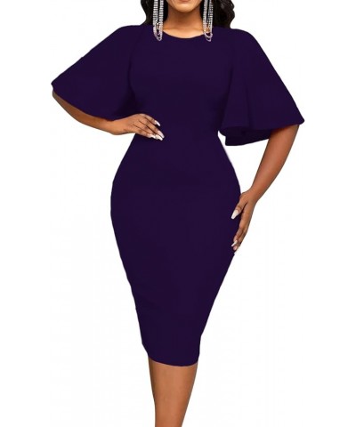 Womens Bodycon Ruffle Flared Short Sleeve Work Midi Dress Business Office Casual Pencil Dress 5617 Purple $13.20 Dresses