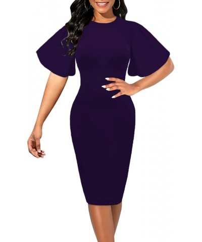 Womens Bodycon Ruffle Flared Short Sleeve Work Midi Dress Business Office Casual Pencil Dress 5617 Purple $13.20 Dresses