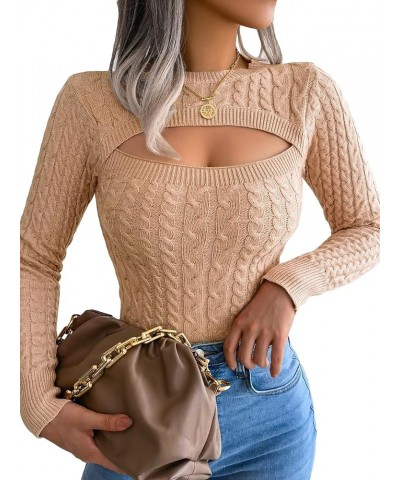 Women's Long Sleeve Cut Out Front Cable Knit Round Neck Pullover Sweater Khaki $15.07 Sweaters