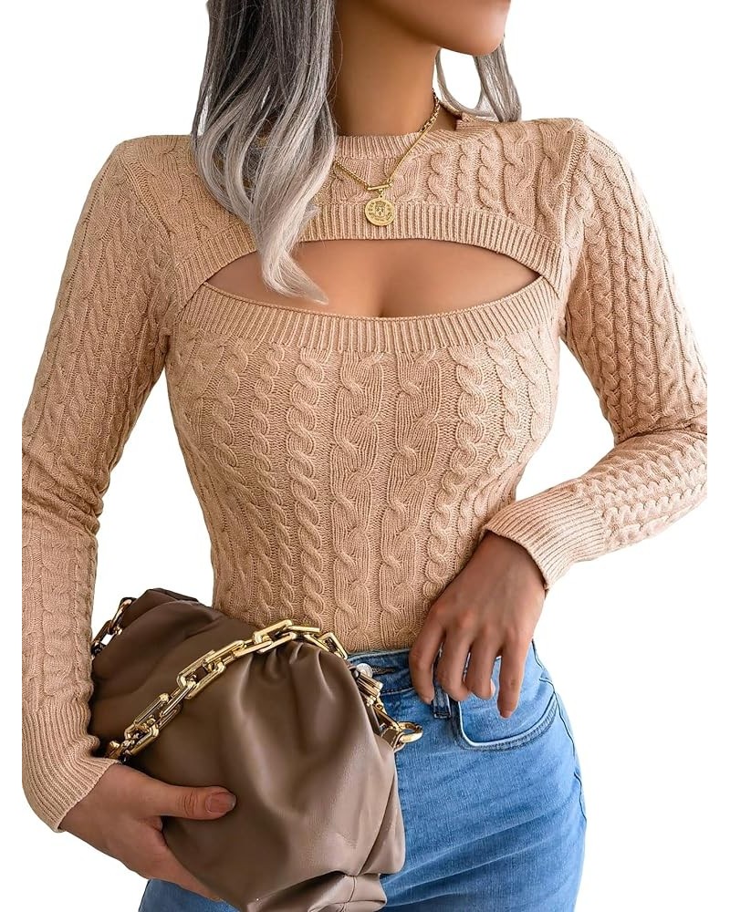 Women's Long Sleeve Cut Out Front Cable Knit Round Neck Pullover Sweater Khaki $15.07 Sweaters