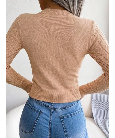 Women's Long Sleeve Cut Out Front Cable Knit Round Neck Pullover Sweater Khaki $15.07 Sweaters