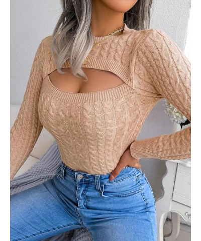 Women's Long Sleeve Cut Out Front Cable Knit Round Neck Pullover Sweater Khaki $15.07 Sweaters