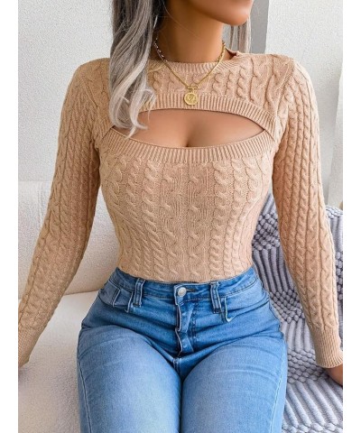 Women's Long Sleeve Cut Out Front Cable Knit Round Neck Pullover Sweater Khaki $15.07 Sweaters