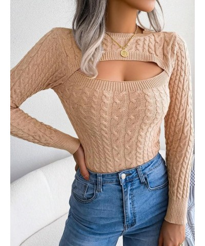 Women's Long Sleeve Cut Out Front Cable Knit Round Neck Pullover Sweater Khaki $15.07 Sweaters