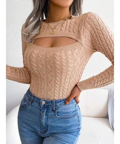 Women's Long Sleeve Cut Out Front Cable Knit Round Neck Pullover Sweater Khaki $15.07 Sweaters