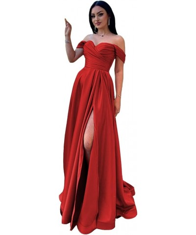 Off The Shoulder Satin Sweetheart Neck Prom Dresses A Line Side Split Evening Party Dress for Women RS018 Red $31.94 Dresses