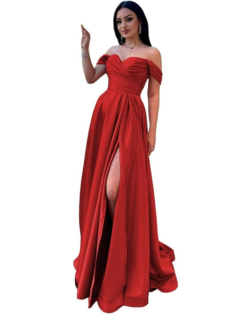 Off The Shoulder Satin Sweetheart Neck Prom Dresses A Line Side Split Evening Party Dress for Women RS018 Red $31.94 Dresses