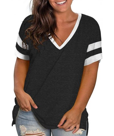 Plus-Size Womens Tops V Neck Color Block Tee Side Split Striped Tunics 02_black $18.28 T-Shirts