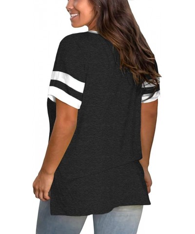 Plus-Size Womens Tops V Neck Color Block Tee Side Split Striped Tunics 02_black $18.28 T-Shirts