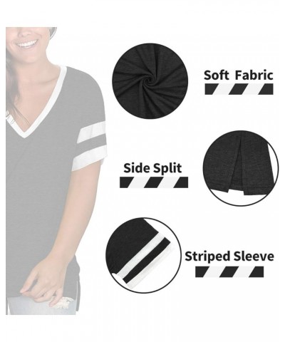 Plus-Size Womens Tops V Neck Color Block Tee Side Split Striped Tunics 02_black $18.28 T-Shirts