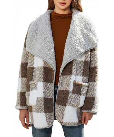 Womens Plaid Fuzzy Fleece Sherpa Jacket Fall Winter Long Sleeve Button Coat Outerwear with Pockets Grey&khaki $27.88 Jackets