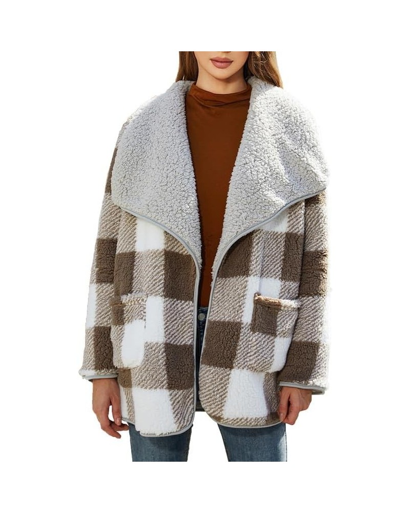 Womens Plaid Fuzzy Fleece Sherpa Jacket Fall Winter Long Sleeve Button Coat Outerwear with Pockets Grey&khaki $27.88 Jackets