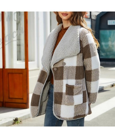 Womens Plaid Fuzzy Fleece Sherpa Jacket Fall Winter Long Sleeve Button Coat Outerwear with Pockets Grey&khaki $27.88 Jackets