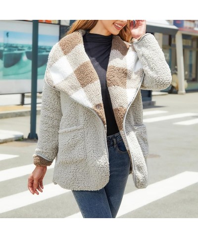 Womens Plaid Fuzzy Fleece Sherpa Jacket Fall Winter Long Sleeve Button Coat Outerwear with Pockets Grey&khaki $27.88 Jackets