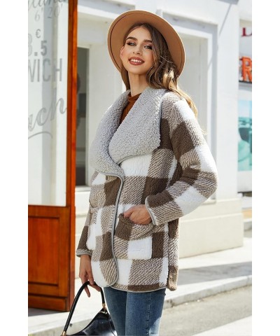 Womens Plaid Fuzzy Fleece Sherpa Jacket Fall Winter Long Sleeve Button Coat Outerwear with Pockets Grey&khaki $27.88 Jackets