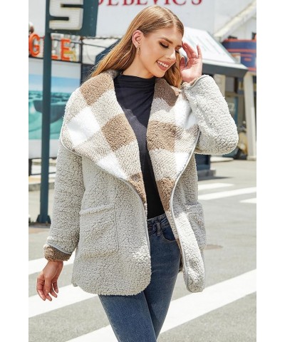 Womens Plaid Fuzzy Fleece Sherpa Jacket Fall Winter Long Sleeve Button Coat Outerwear with Pockets Grey&khaki $27.88 Jackets