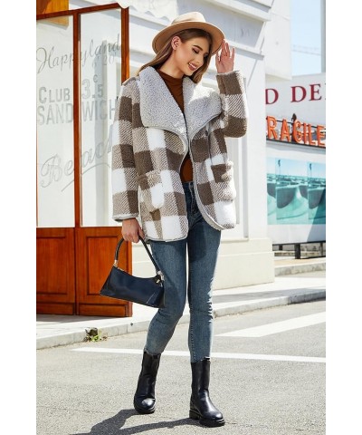 Womens Plaid Fuzzy Fleece Sherpa Jacket Fall Winter Long Sleeve Button Coat Outerwear with Pockets Grey&khaki $27.88 Jackets