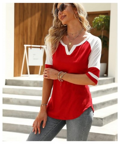 Women's 3/4 Sleeve T-Shirt V Neck Color Block Tops Loose Casual Blouse Red $13.50 Blouses