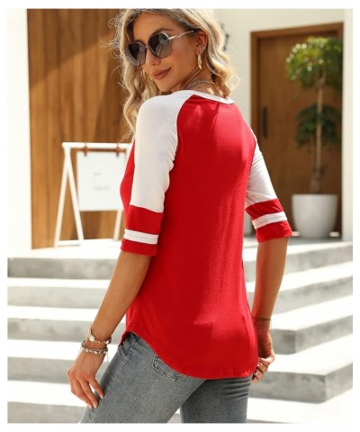 Women's 3/4 Sleeve T-Shirt V Neck Color Block Tops Loose Casual Blouse Red $13.50 Blouses