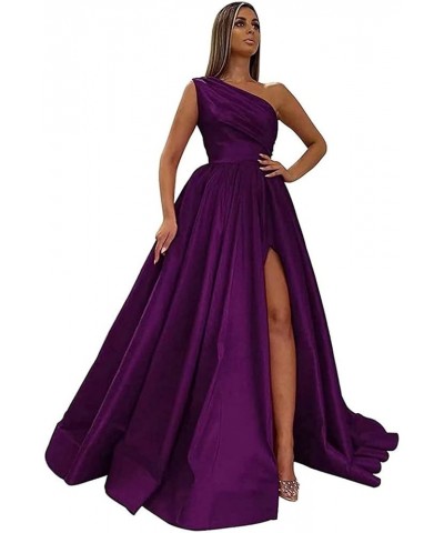 Women's One Shoulder Prom Dresses Satin High Slit A-Line Long Formal Party Gowns YXXY599 1style-plum $39.71 Dresses