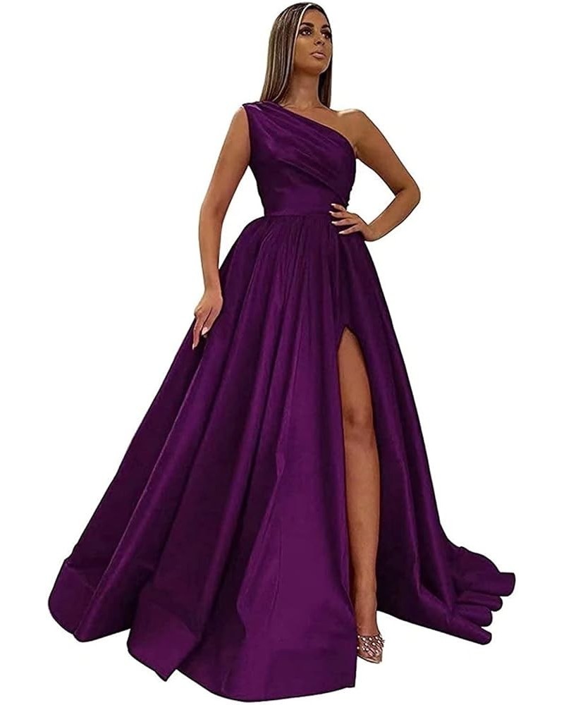 Women's One Shoulder Prom Dresses Satin High Slit A-Line Long Formal Party Gowns YXXY599 1style-plum $39.71 Dresses